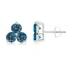 Angara Round Enhanced Blue Diamond Three Stone Stud Earrings In White Gold/teal Blue