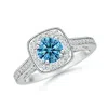 Angara Round Fancy Intense Blue Diamond Cushion Halo Ring With Milgrain
