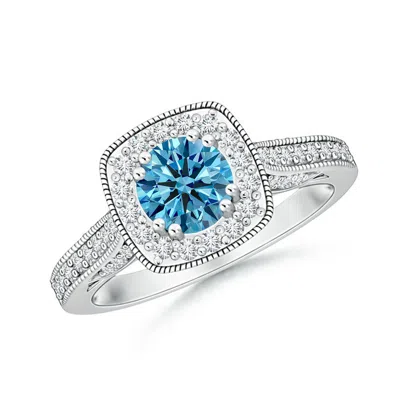 Angara Round Fancy Intense Blue Diamond Cushion Halo Ring With Milgrain
