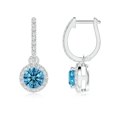 Angara Round Fancy Intense Blue Diamond Dangle Earrings With Halo