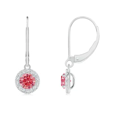 Angara Round Fancy Intense Pink Diamond Leverback Halo Dangle Earrings