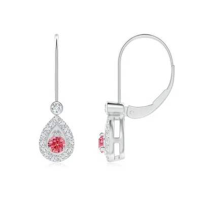 Angara Round Fancy Intense Pink Diamond Teardrop Halo Leverback Earrings In White