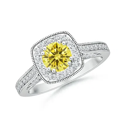 Angara Round Fancy Intense Yellow Diamond Cushion Halo Ring With Milgrain In Metallic