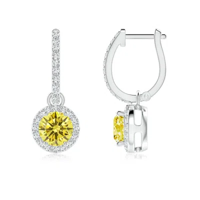 Angara Round Fancy Intense Yellow Diamond Dangle Earrings With Halo In Green