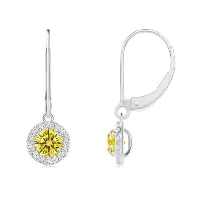 Angara Round Fancy Intense Yellow Diamond Leverback Halo Dangle Earrings In Green