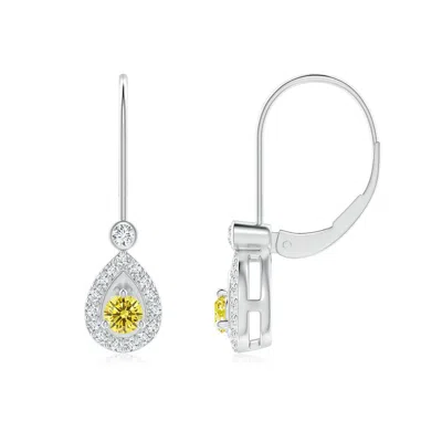 Angara Round Fancy Intense Yellow Diamond Teardrop Halo Leverback Earrings In Metallic