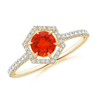 Angara Round Fire Opal Ring With Hexagonal Diamond Halo In Gold