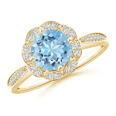Angara Round Floral Aquamarine Ring With Diamond Accents In Gold