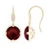 Angara Round Garnet Fish Hook Earrings With Diamond Accents In Yellow Gold/rich Red