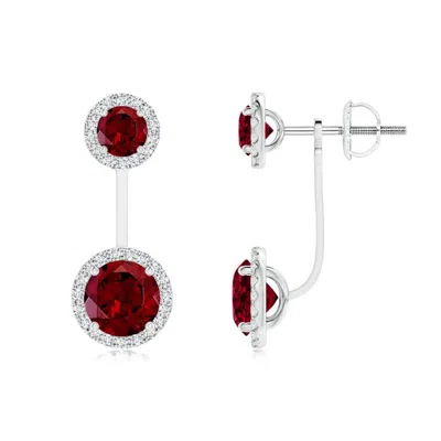Angara Round Garnet Front-back Drop Earrings With Diamond Halo