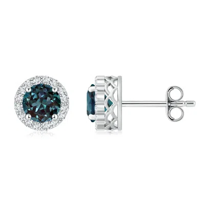 Angara Round Lab-grown Alexandrite And Diamond Halo Stud Earrings In Blue