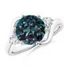 Angara Round Lab-grown Alexandrite And Diamond Three Stone Bypass Ring In White Gold/bluish Green Changing To Brownish Or Pinkish Purple