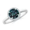 Angara Round Lab-grown Alexandrite Cathedral Ring With Diamond Halo In White Gold/bluish Green Changing To Brownish Or Pinkish Purple