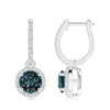 Angara Round Lab-grown Alexandrite Dangle Earrings With Diamond Halo In White Gold/bluish Green Changing To Brownish Or Pinkish Purple
