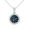 Angara Round Lab-grown Alexandrite Dangle Pendant With Halo In White Gold/bluish Green Changing To Brownish Or Pinkish Purple