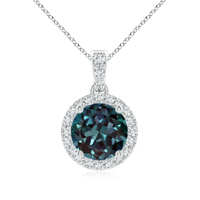 Angara Round Lab-grown Alexandrite Dangle Pendant With Halo In Metallic