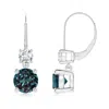Angara Round Lab-grown Alexandrite Leverback Dangle Earrings With Diamond In White Gold/bluish Green Changing To Brownish Or Pinkish Purple