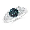 Angara Round Lab-grown Alexandrite Solitaire Ring With Trio Diamonds In White Gold/bluish Green Changing To Brownish Or Pinkish Purple