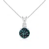 Angara Round Lab-grown Alexandrite Solitaire V-bale Pendant With Diamond In White Gold/bluish Green Changing To Brownish Or Pinkish Purple