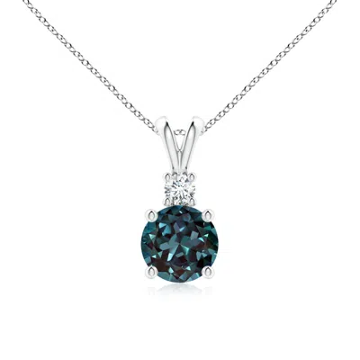 Angara Round Lab-grown Alexandrite Solitaire V-bale Pendant With Diamond In Blue