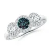 Angara Round Lab-grown Alexandrite Three Stone Halo Ring With Diamonds In White Gold/bluish Green Changing To Brownish Or Pinkish Purple