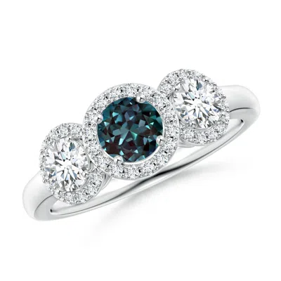 Angara Round Lab-grown Alexandrite Three Stone Halo Ring With Diamonds In Metallic