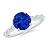 Angara Round Lab-grown Blue Sapphire Engagement Ring With Marquise Diamonds In White Gold/deep Rich Blue