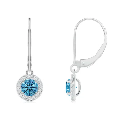 Angara Round Lab-grown Fancy Intense Blue Diamond Leverback Halo Dangle Earrings In Metallic
