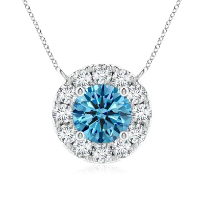 Angara Round Lab-grown Fancy Intense Blue Diamond Necklace With Halo In Metallic