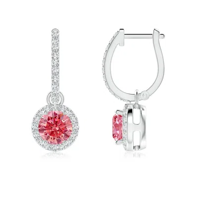 Angara Round Lab-grown Fancy Intense Pink Diamond Dangle Earrings With Halo In Metallic