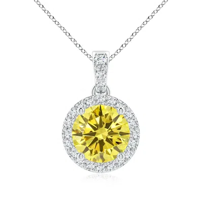 Angara Round Lab-grown Fancy Intense Yellow Diamond Dangle Pendant With Halo In Metallic