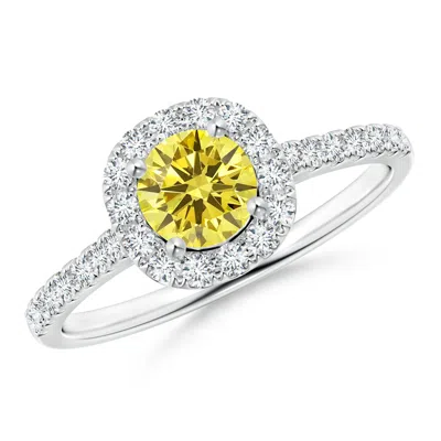 Angara Round Lab-grown Fancy Intense Yellow Diamond Halo Ring With Accents In Metallic