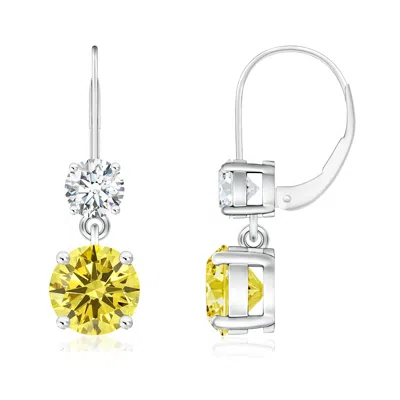 Angara Round Lab-grown Fancy Intense Yellow Diamond Leverback Dangle Earrings