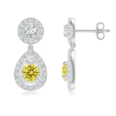 Angara Round Lab-grown Fancy Intense Yellow Diamond Teardrop Halo Earrings In Metallic