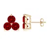 Angara Round Lab-grown Ruby Three Stone Stud Earrings In Yellow Gold/deep Rich Red