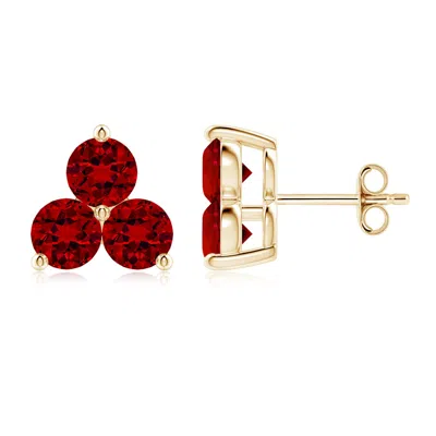 Angara Round Lab-grown Ruby Three Stone Stud Earrings In Red
