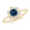 Angara Round London Blue Topaz Ring With Floral Diamond Halo In Yellow Gold/deep Greenish Blue