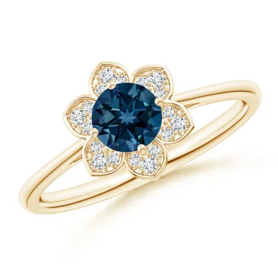 Angara Round London Blue Topaz Ring With Floral Diamond Halo In Gold