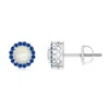 Angara Round Moonstone And Sapphire Halo Stud Earrings In White Gold/off White