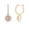Angara Round Morganite Dangle Earrings With Diamond Halo In Yellow Gold/peachy Pink