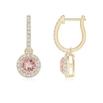 Angara Round Morganite Dangle Earrings With Diamond Halo In Green