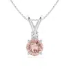 Angara Round Morganite Solitaire V-bale Pendant With Diamond In White Gold/peachy Pink