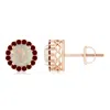 Angara Round Opal And Ruby Halo Stud Earrings In Rose Gold/milky With High Play Of Colour
