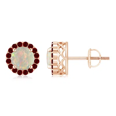 Angara Round Opal And Ruby Halo Stud Earrings In Gold