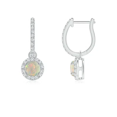 Angara Round Opal Dangle Earrings With Diamond Halo In Metallic