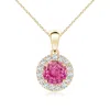 Angara Round Pink Sapphire And Diamond Halo Pendant In Yellow Gold/medium Pink