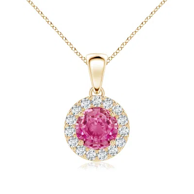 Angara Round Pink Sapphire And Diamond Halo Pendant In Gold