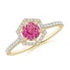 Angara Round Pink Sapphire Ring With Hexagonal Diamond Halo In Yellow Gold/medium Pink