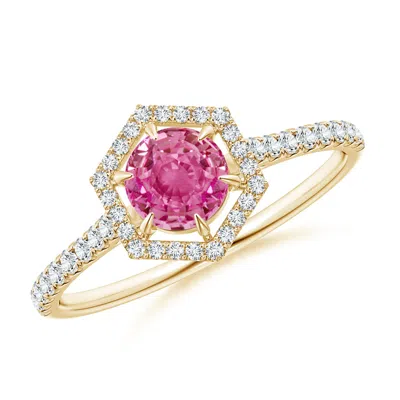 Angara Round Pink Sapphire Ring With Hexagonal Diamond Halo In Gold