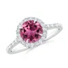 Angara Round Pink Tourmaline Engagement Ring With Diamond Halo In White Gold/rich Pink